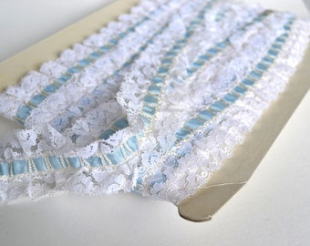 Vintage Lace Trim by the Yard, White Ruffled Lace with Blue Satin Ribbon, Bridal Garter Lace, Wide Lace Edging, Wedding Lace, Fancy Trim