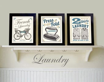 Laundry Room Decor, Set 3 Prints, French Country Home, Bicycle Art, Mudroom, Old Iron, Wall Art Grouping, French Laundry, Bathroom Art,