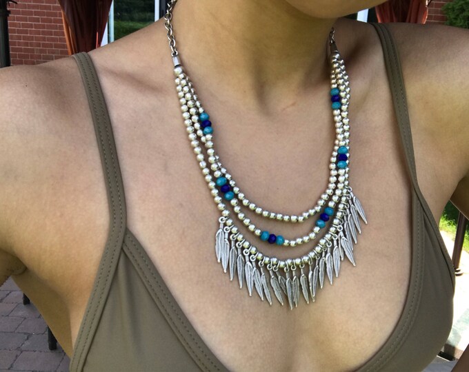 boho necklace, layered necklace, layering jewelry, layer necklace, bohemian necklace, summer necklace,feather necklace,silver jewelry,silver