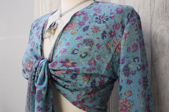 FLORAL CROP TOP - Bell sleeve crop top- Silk Tie Top- Vintage- Festival Top- Hippie- Retro- 70s- Crop Top- 100% Silk- Couture