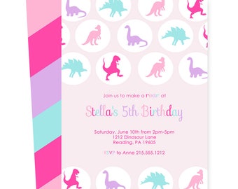 Pink Dinosaur Birthday Invitations for Girls - Prehistoric Invites - Mod Purple and Aqua - T-Rex Party - Polka Dots - Stripes Printing Set