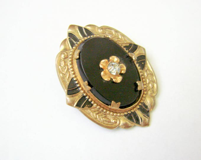 Ornate Early 20th Century Black Beveled Glass Enamel & Rhinestone Brooch / Victorian Revival / Antique / Goldtone / Vintage Jewelry