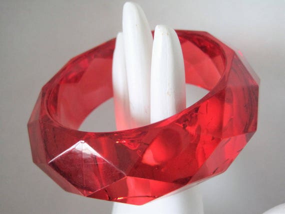 Red Cherry Bangle - Faceted Lucite - Wide Statement Bracelet.
