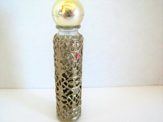 Gold Ormolu Perfume Bottle - Purse Flacon - Rhinestone Highlights - Revlon Intimate - 1 Fluid Ounce Size