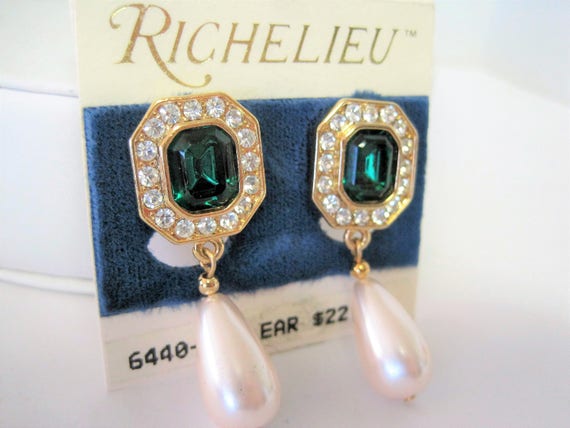 Green Pearl Earrings - Green Rhinestone Lobe - Pearl Dangle - Wedding Drop Clip On