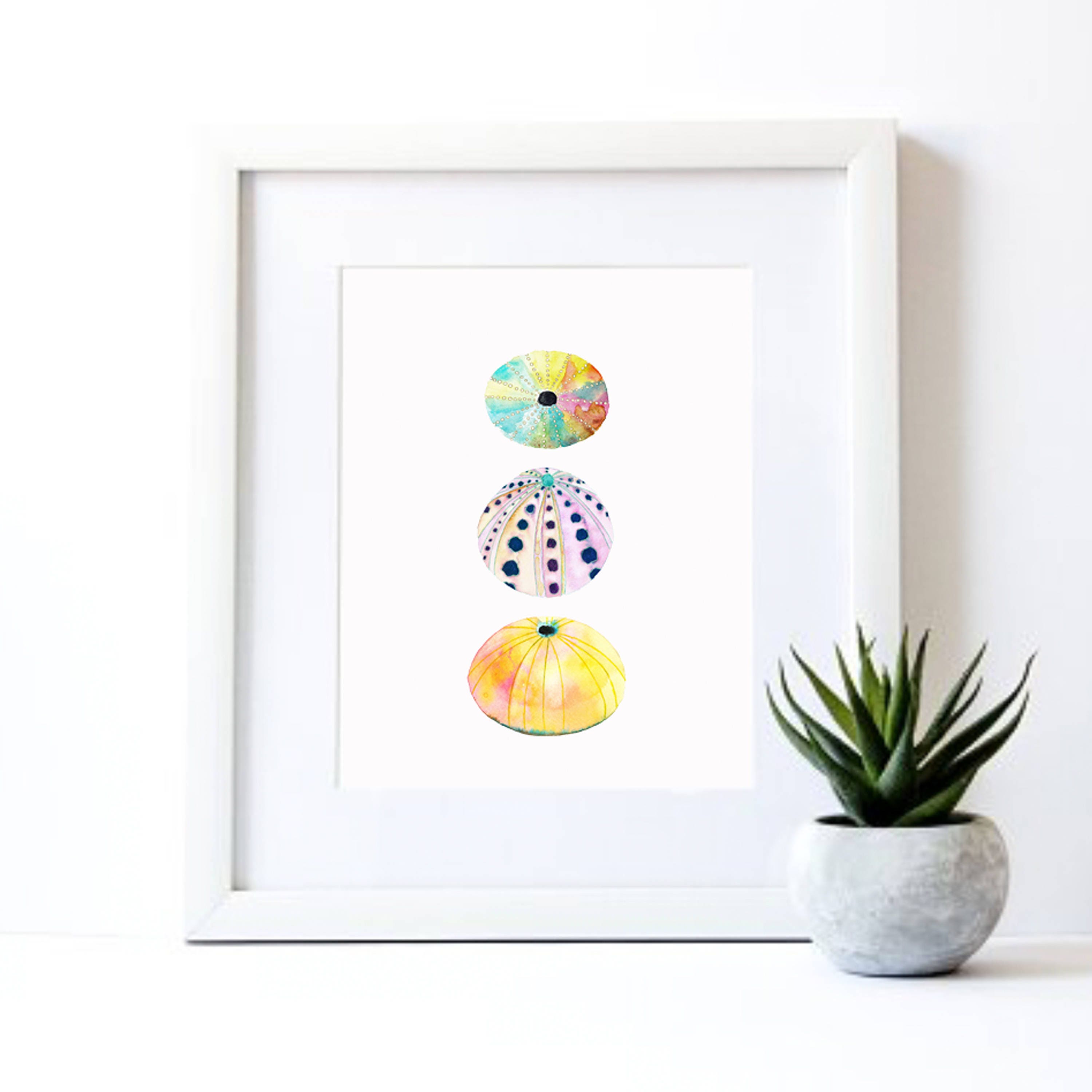 Sea Urchin Art Print. Watercolor Sea Urchin Wall Art. Yellow