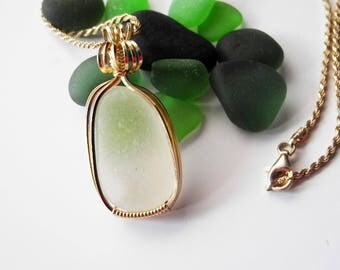 White Sea Glass Pendant, Beach Glass Necklace, Seaglass Necklace, Genuine Sea Glass, Sea Glass Jewelry, Gold Wirewrap Pendant