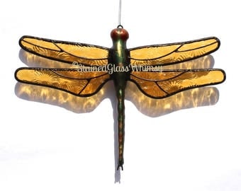 Stained Glass DRAGONFLY Suncatcher, Amber Wings, Textured Pressed Glass , Handcast Metal Body , USA Handmade, Amber Dragonfly, Amber Firefly