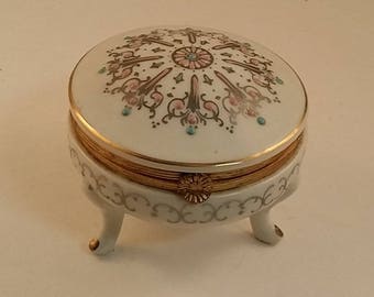 Vintage Ceramic Trinket Footed Box -- White with Silver, Pink and Aqua Decoration, Gold Clasp -- Midcentury, Made in Japan, Gift