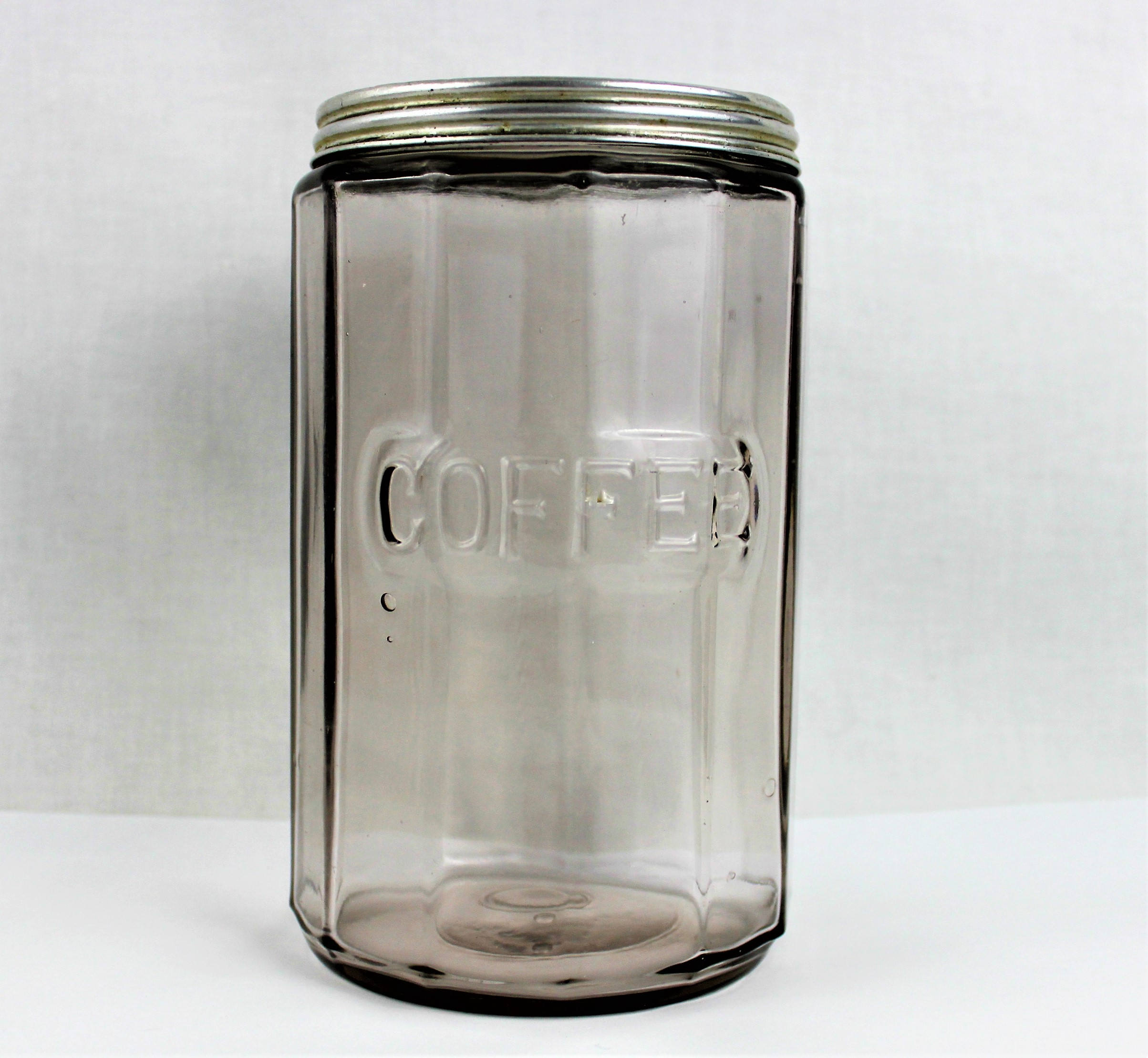 Antique Blown Ribbed Glass COFFEE Canister, Hoosier Canister, Purple Sun Glass