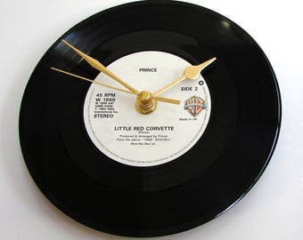 PRINCE Vinyl Record CLOCK made from recycled 7" single of "Little Red Corvette" purple power rain tears RIP pop king black and white