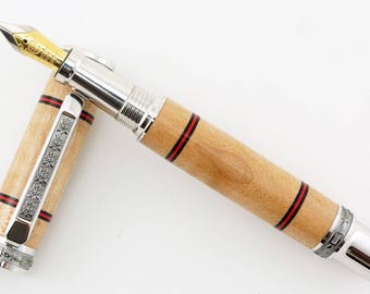 Custom Wooden Pen Fountain Beautiful Curly Maple with black and red rings Rhodium Emperor Hardware 864FPW
