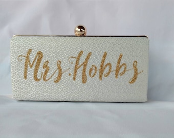 Personalized minaudiere clutch/ Monogrammed wedding clutch/ Decal on purse/fashion evening purse/Gift for her/Summer wedding/ Bridal shower