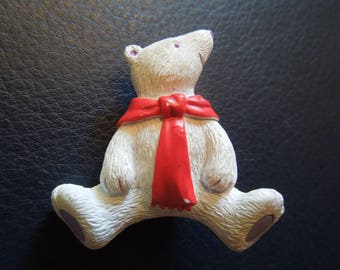 Vintage Christmas Brooch or Pin. Polar Bear in White with Red Scarf.