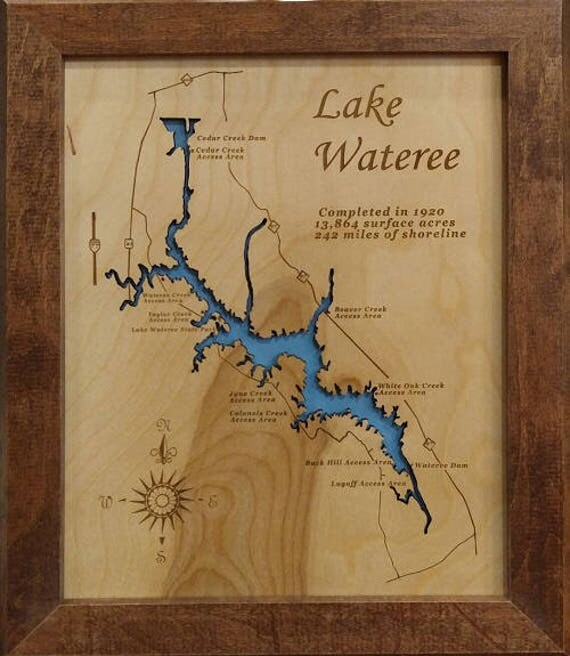 Wood Laser Cut Map of Lake Wateree SC Topographical Engraved