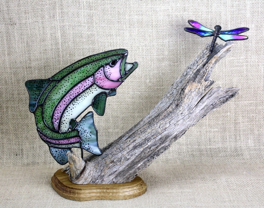 Rainbow Trout Stained Glass with Dragonfly on Wood Base