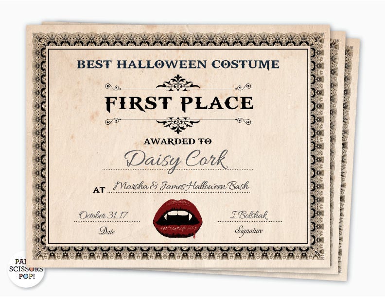 Halloween Award Halloween Costume Certificate 1st Place