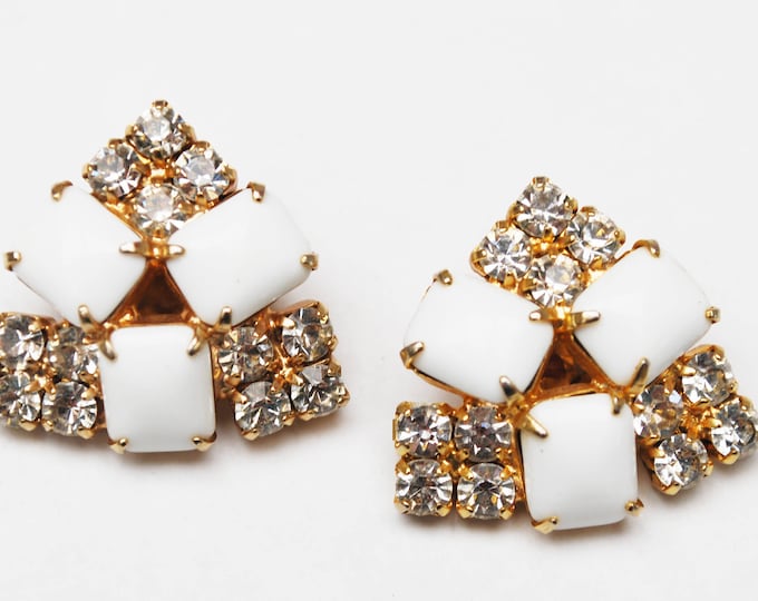 Rhinestone Clip on Earrings - White Milk glass - gold plated metal - Mid century Earring