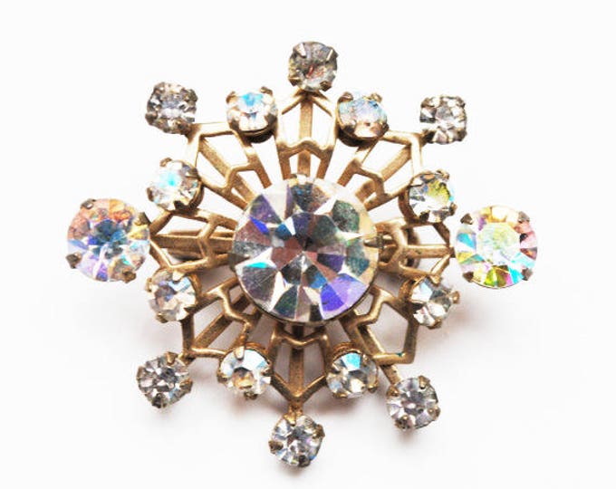 Rhinestone Atomic Brooch - Clear Aurora borealis Crystal - gold tone metal - Snowflake pin