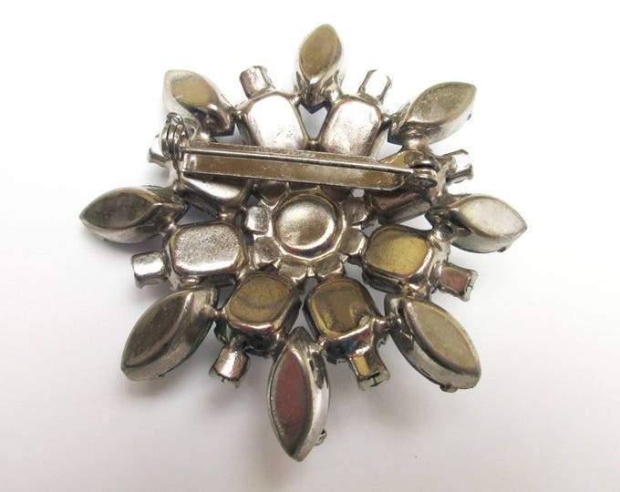 Blue Rhinestone Flower Brooch - Mid Century - silver metal - blue crystal - 2 1/4 inch - Atomic Pin