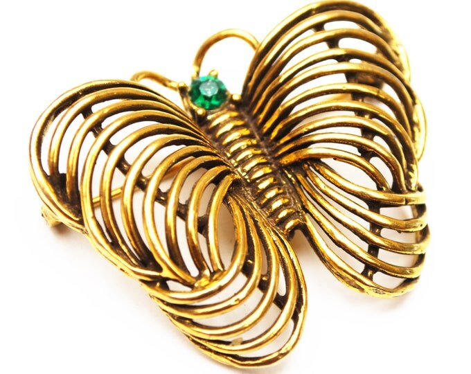 Gold Butterfly Brooch _ Signed Jeanne - Goldtone with green rhinestone - Designer signed - 1960s