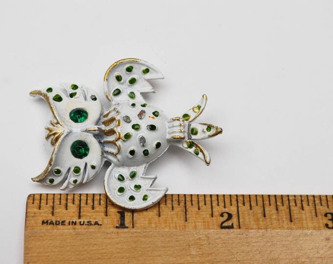 Owl Brooch - White Enamel - Green Rhinestone- Mid Century figurine bird pin