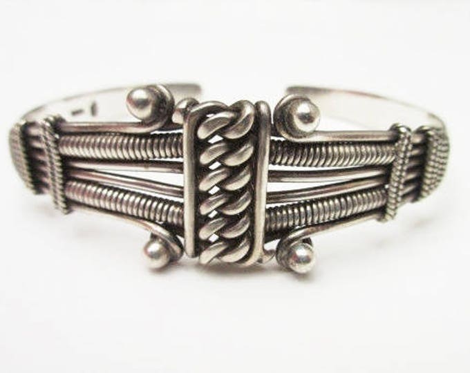 Sterling Cuff Bracelet - Silver Twisted knotted Studded - Tribal India - Bangle