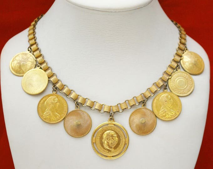 Miriam Haskell Coin Necklace earring Set - Gold roman Coins - Dangle pierced earrings - Book chain link - Brassy gold link necklace
