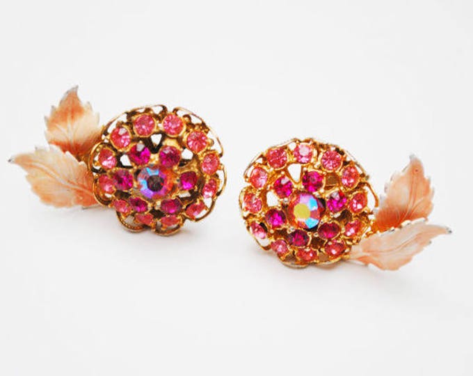 Pink Rhinestone Earrings - Enamel leaf - Flower floral - Mid Century - clip on -Aurora Borealis