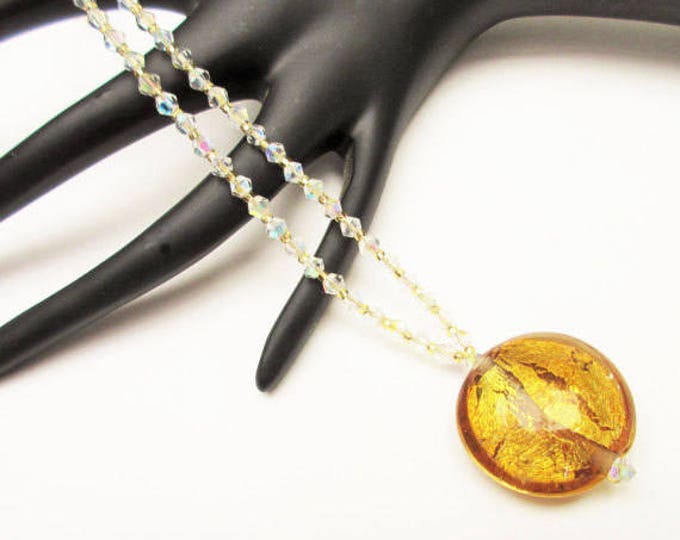 Murano Glass Bead Necklace - clear and amber color crystal glass beads - Venitian Art glass - Crystal necklace