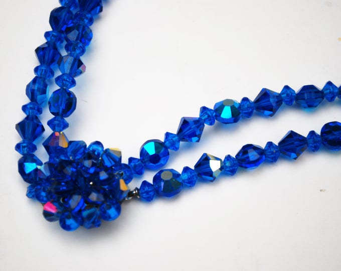 Blue Crystal bead Necklace - double strand - cut crystal glass beads - Cluster bead clasp - 23 inches long