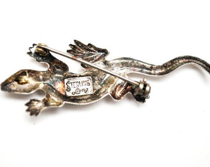 Sterling Lizard Brooch - Designer signed Lang - Silver Gecko - Figurine Pin