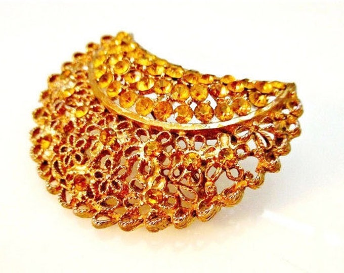 Amber Rhinestone Crescent brooch - Gold filigree - Mid Century - vintage pin - Gift for her