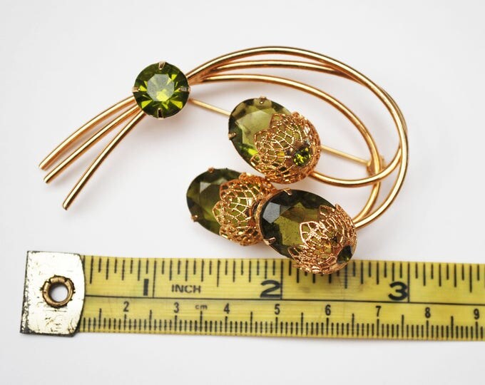 Sarah Cov Flower brooch - Touch of Elegence - olive green crystal gold filigree - Floral pin - Book piece