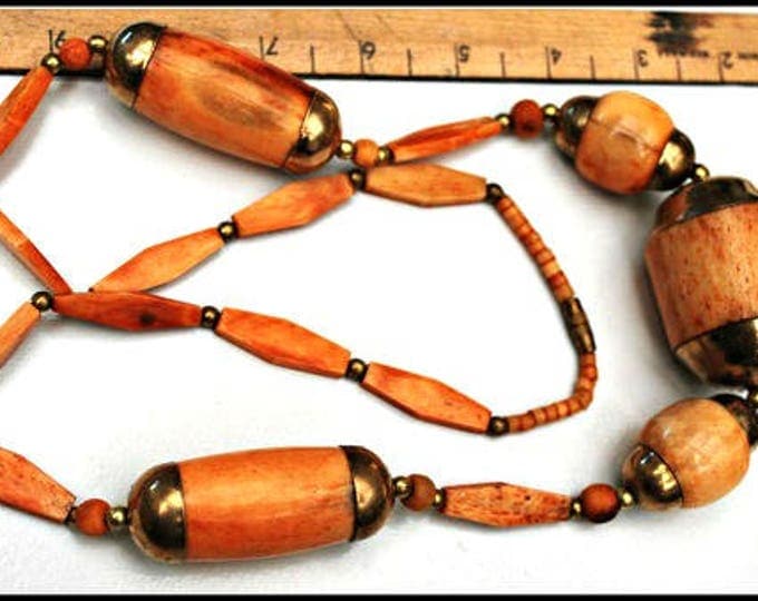 Boho Orange Bone Necklace - Chunky Brass and bone bead - Hippie - Tribal necklace