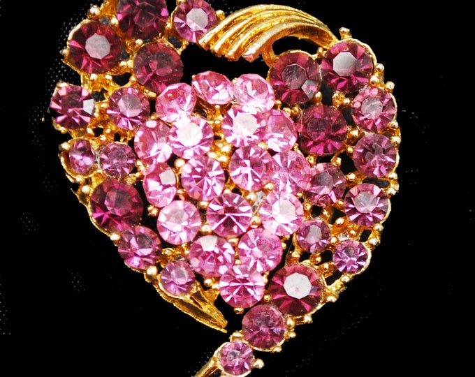 Lisner Rhinestone Heart Brooch - Pink Purple Crystal - gold tone - Mid Century pin