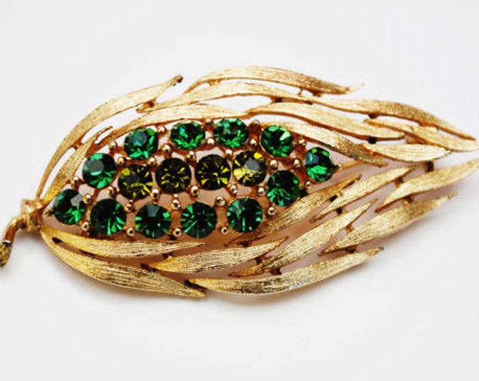 green Rhinestone Brooch - Signed Lisner - gold tone Flower leaf - Mid Century pin