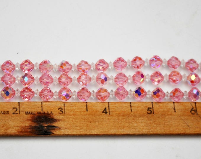 Pink Crystal Bead Bracelet - Multi strand - Clear Rhinestone Clasp - Vintage facet cut glass Beads