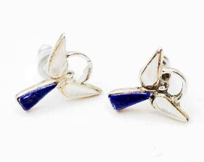 Sterling Angel Stud Earrings -Blue Lapis gemstone -White mother of pearl - pierced earring