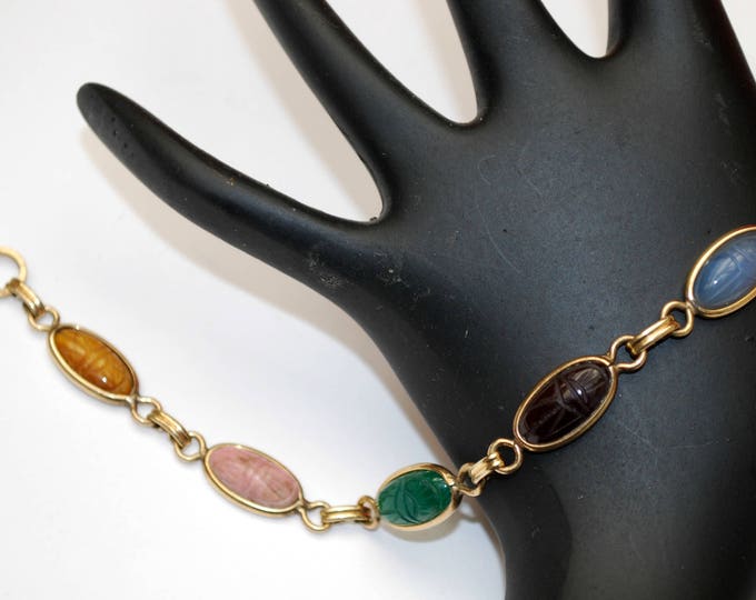 Gemstone Link Scarab Bracelet -12 kt gold Filled - signed Sojar - Egyptian Revival - Beetle - tiger eye -agate -onyx -Jasper