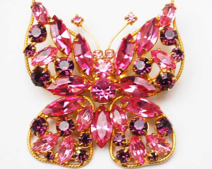 Juliana D&E Butterfly Brooch -Rhinestone - Pink Purple crystal - Gold metal -flying insect Pin