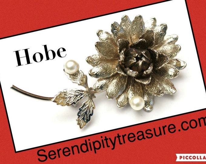 Hobe flower Brooch - stamped silver metal petals - white pearls - Signed floral pin