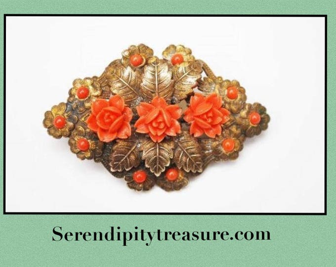 Coral celluloid flower Brooch - Golden Brass - leaf - Art Nouveau Pin