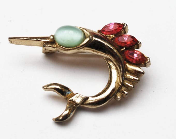 Coro Sword Fish Brooch - Gold - Pink light Blue Rhinestone - Signed figurine fish pin