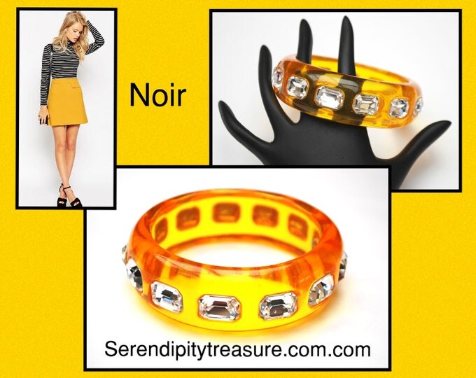 Yellow Lucite Rhinestone Bangle - Signed Noir - clear crystal - vintage Bracelet