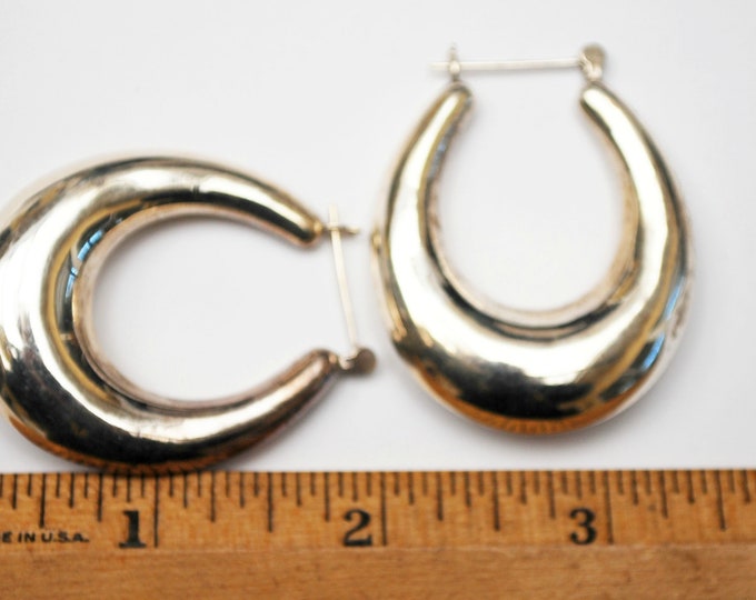 Large Sterling Hoop Earrings - hollow sliver hoops - Modernistic design - Signed 925- pierced earrings