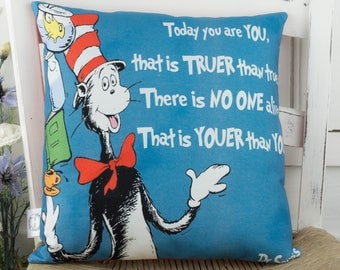 Dr Seuss Quote Pillow Youer Than You with The Cat in the Hat Blue Pillow Dr Seuss Nursery schoolroom book Decor Gift