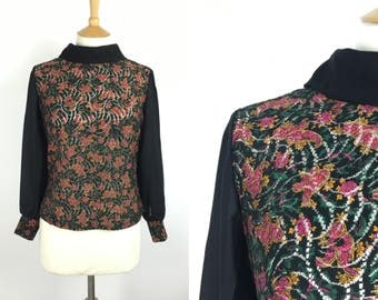 Vintage 1950s Blouse - 50s Black Floral Lace Top - Button back Top - Long sleeved - Medium - UK 12 / US 8 / EU 40