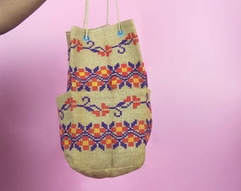 VTG 70s Tan, Multi Colored Mexican Floral Stitched Large Burlap Bucket Bag, Retro