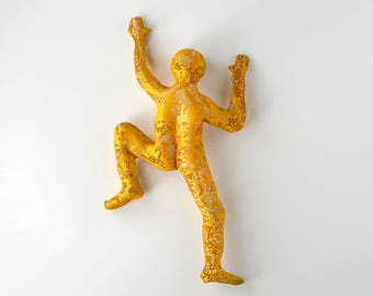 Contemporary metal wall art, Climbing man sculpture,wire mesh sculpture, wall hanging, Modern sculpture - yellow